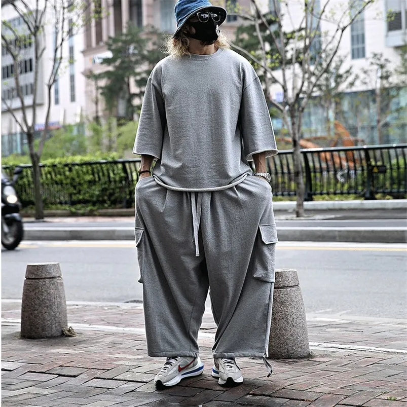 M￤ns byxor M￤n l￶sa stor storlek Casual Suit Solid Color High Street Trend Wide Leg Pants Round Neck Tshirt 220922