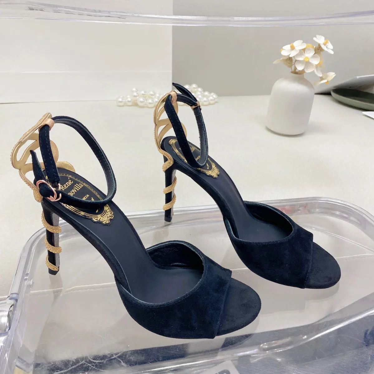 Rene caovilla Margot verfraaide suède sandalen Snake Strass naaldhak Avondschoenen voor dames met hak Luxe Designer Enkel Wraparound schoen fabrieksschoeisel