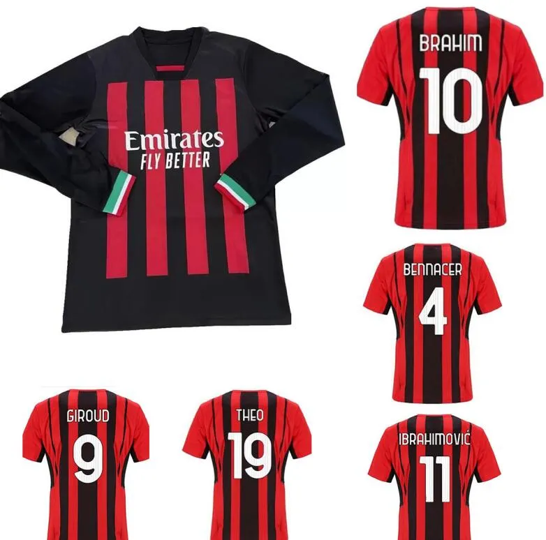 Manga longa 11 Ibrahimovic Soccer Jerseys 22 23 Qualidade tailandesa personalizada 10 CALHANOGLU 13 ROMAGNOLI 19 Theo 39 Paqueta Design Your Own Football Wear