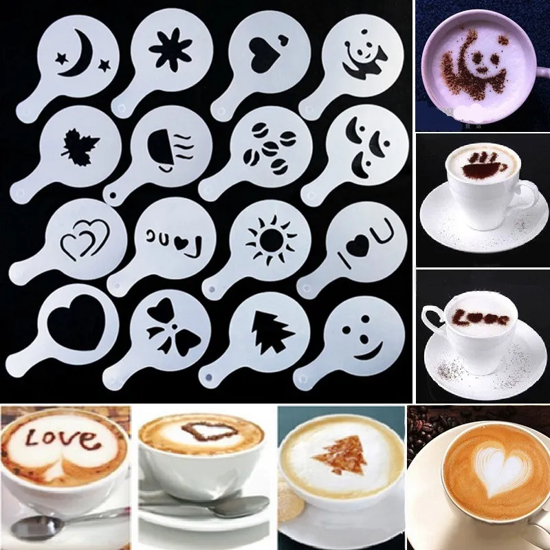 16 Pz / set Caffè fantasia Modello di stampa Stencil per caffè Disegno per caffè Stampo per cappuccino Zucchero a velo Strumenti per setaccio T9I002093