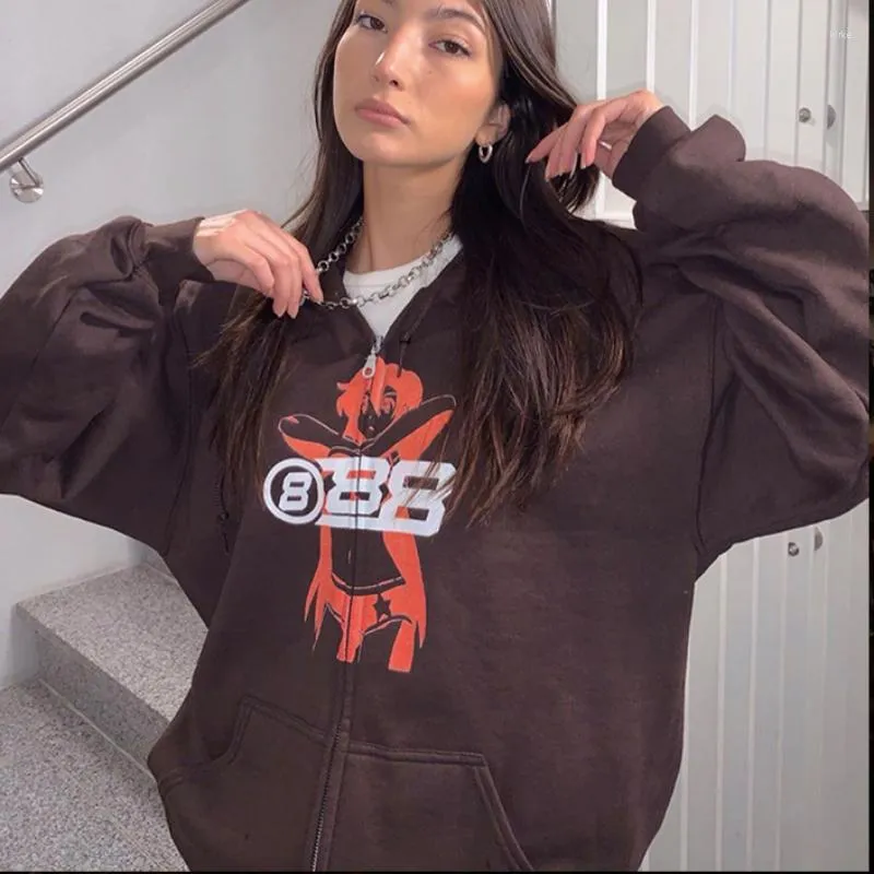 Kvinnors jackor zip-up y2k kvinnor koreanska stil mode hoodies vintage brun överdimensionerad jacka zip upp tröja lady biggorange casual rockar