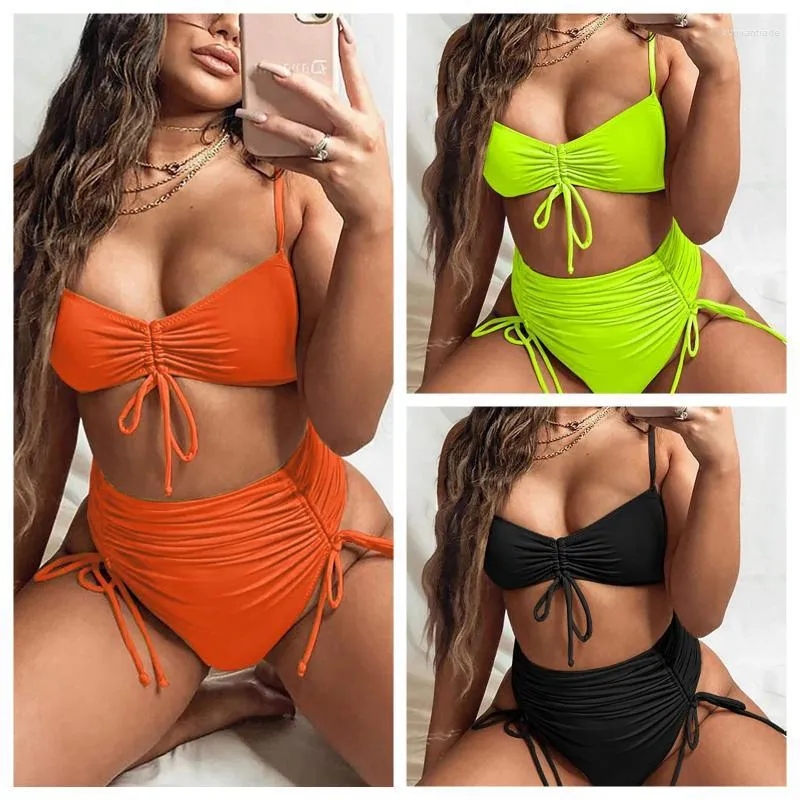 Women's Swimwear Women's Foohoostore Solid Color 2Pcs Bikini Suit Pleated Inner Drawstring Low Neck Tank Tops High Waist Thong 2022