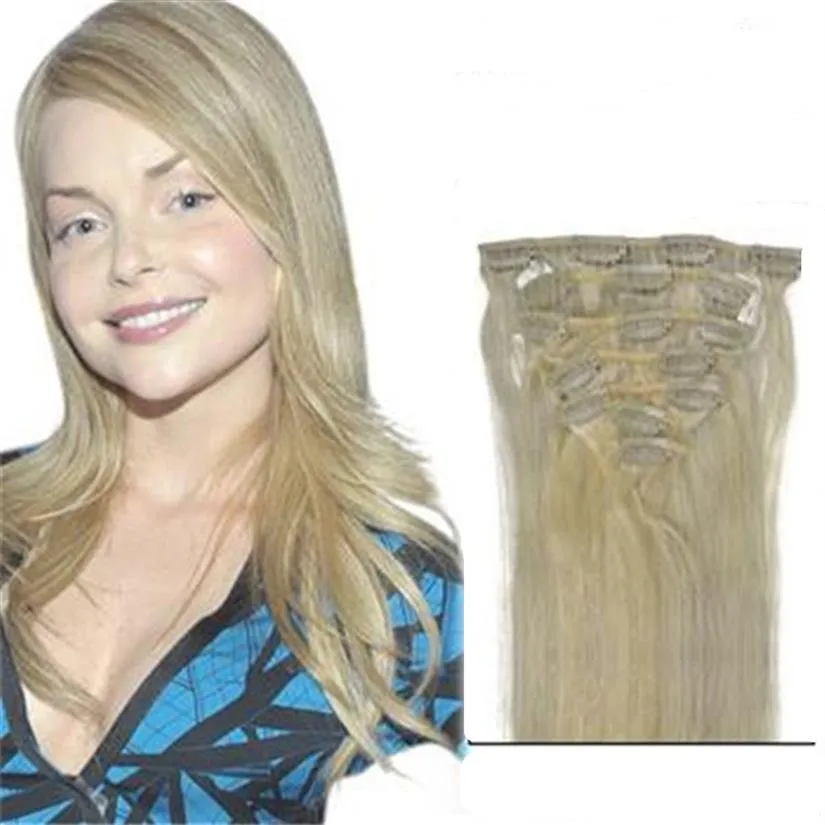 16-22 tum blond rakt hårklämma ins dubbel inslag mänskligt hårklipp i tillägg remi full nagelband hår2906