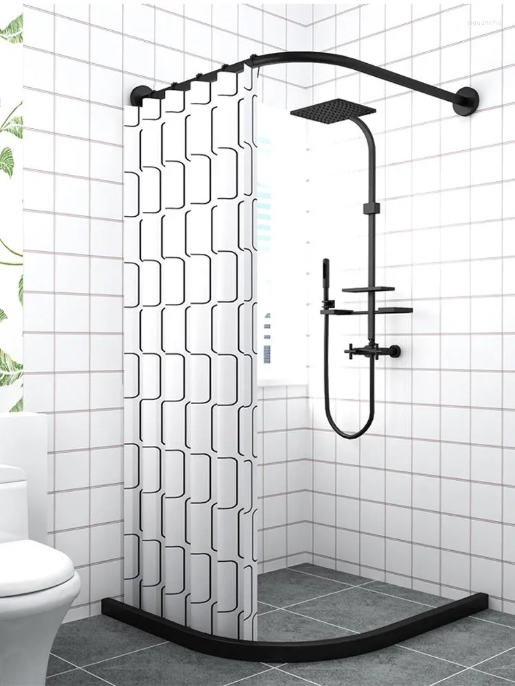 Shower Curtains 2022 Classic Black L Shaped Curved Curtain Rod 304 Stainless Bathroom Poles Punch-Free Suction Cups Accessories