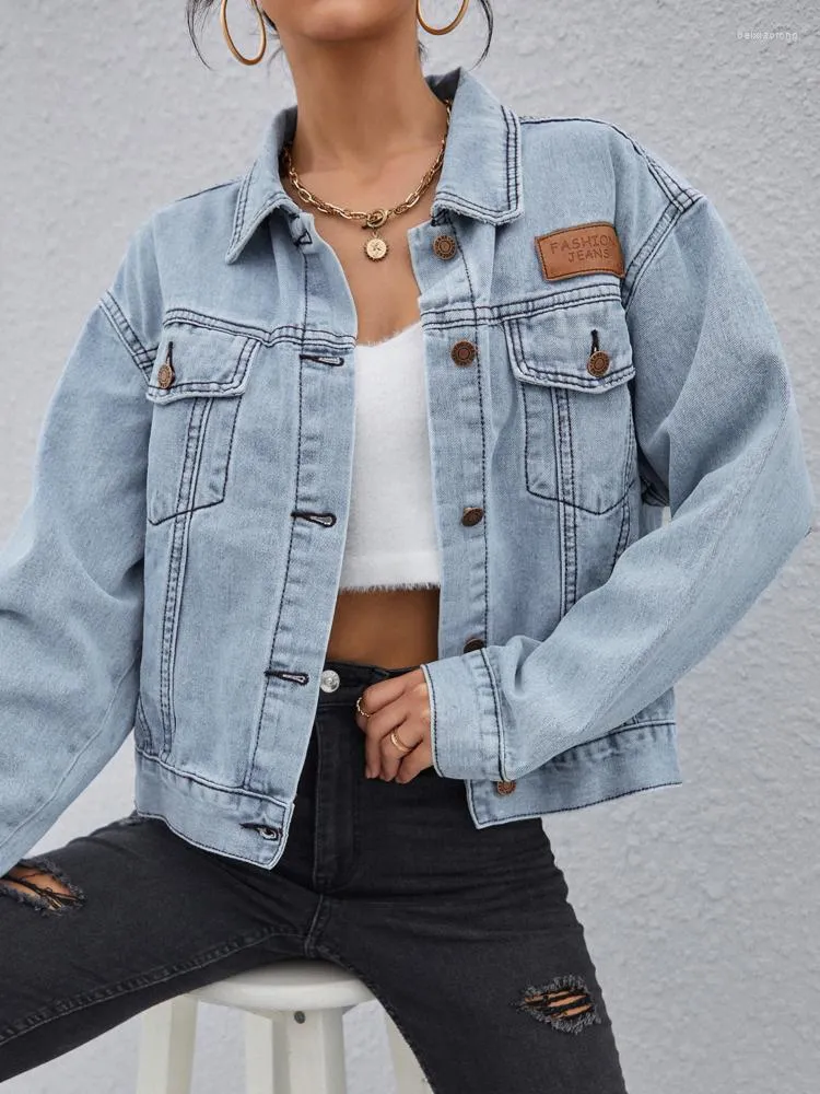 Women's Jackets Spring Flap Pocket Patched Button Up Denim Jacket Women Jean Casual Slim Long Sleeve Coat Oversize