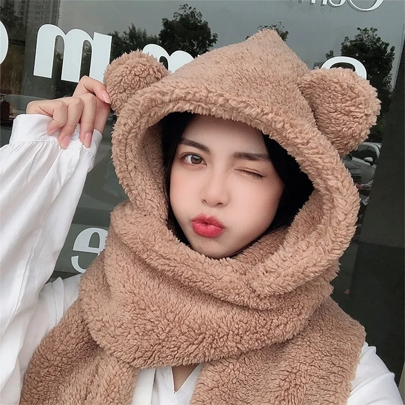 Hats Scarves Sets Lamb Velvet Hat Woman Winter Warm And Cold Hooded Scarf Gloves 3-in-1 Female Cute Bear Ear Protection Cotton Cap With Ears 220922