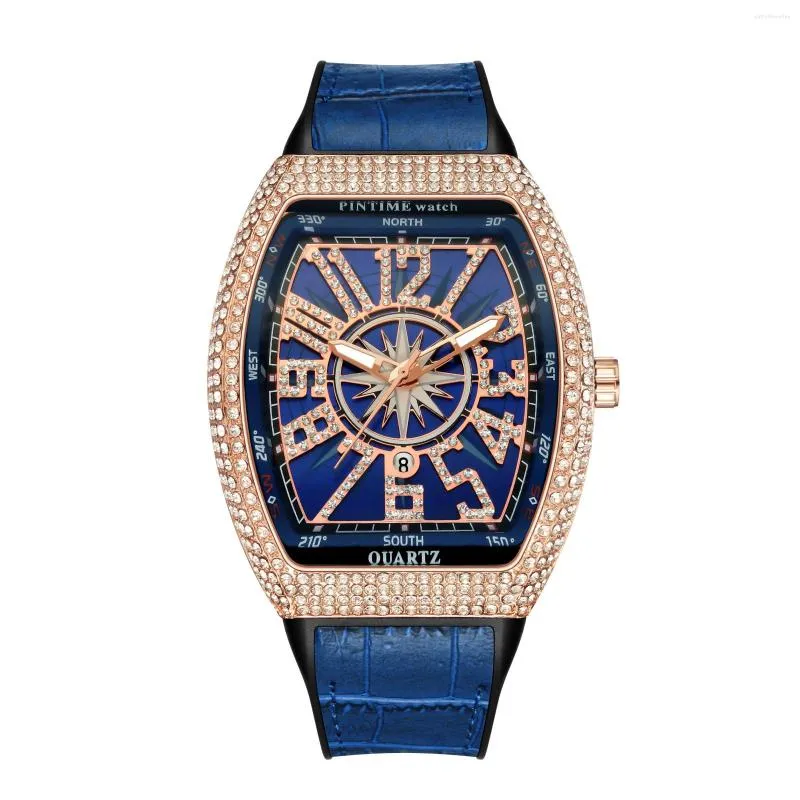 Armbanduhr Männer Mode Luxus Uhr Diamant ECED Out wasserdichte Quarz Armbanduhr Blue Silicone Band Party Casual Kleid Uhren