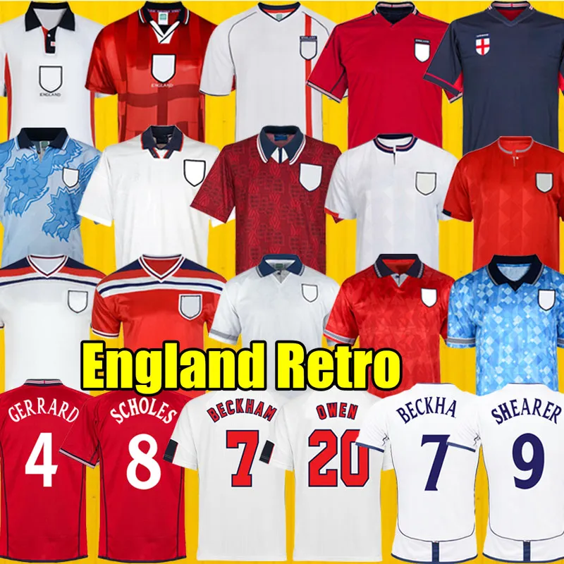 Angleterre Retro Soccer Jersey 1982 1986 1998 2002 Shearer Beckham 1989 1990 Gerrard Scholes Owen 1994 Heskey 1996 Gascoigne Vintage Classic Football 52693 Jersey