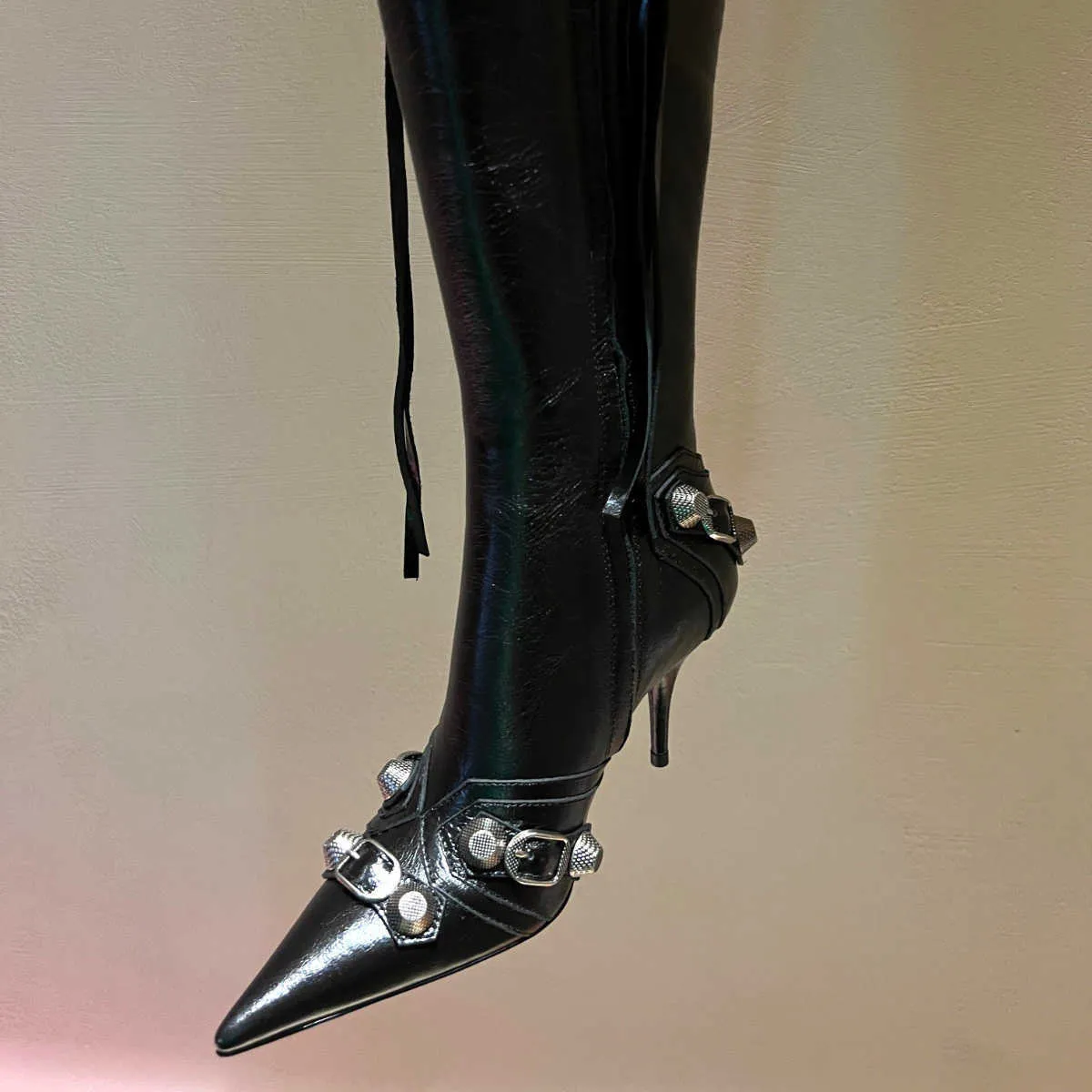 Studded And Buckled Leather Knee High Boots main image 1