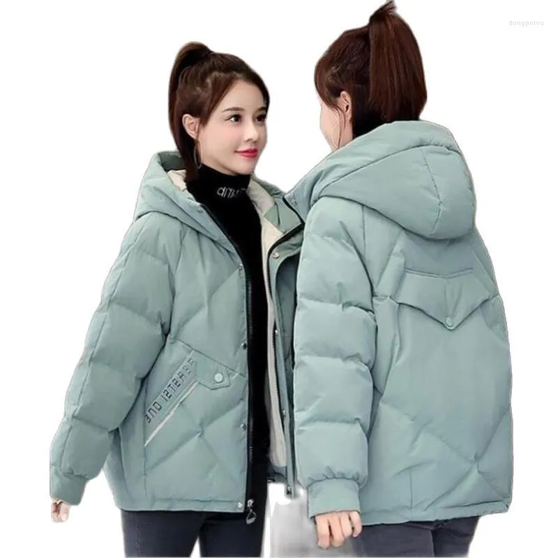 Kvinnors dikerockar 2022 Kvinnor Winter Jacket Lose Parkas Patchwork f￶rtjockande varm kappa huva kvinnlig ner bomullsbyggnad kort