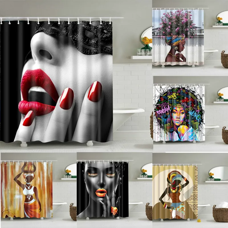 Cortinas de chuveiro Africano afro 3d Black Girl Women Art Design Graffiti banheiro à prova d'água Polyster Bath Screen 220922