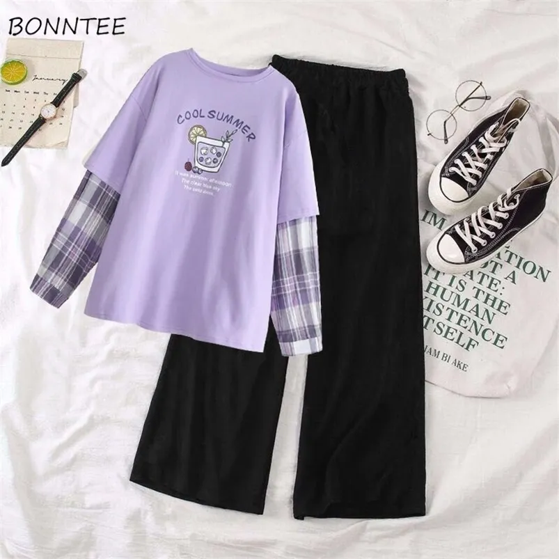 Pantaloni a due pezzi da donna Set da donna Carino fresco viola coreano Trendy College Girls Outfit Harajuku Top a maniche lunghe Tee Allmatch Pantaloni elastici in vita 220922