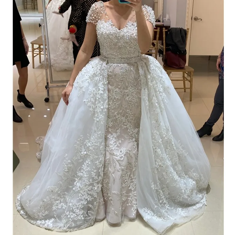 2023 Sexy Sukienki syreny koronkowe krótkie rękawy koraliki z odłączoną spódniczką aplikacje Tiulle plus rozmiar sukienki ślubne suknie ślubne niestandardowe 328 328