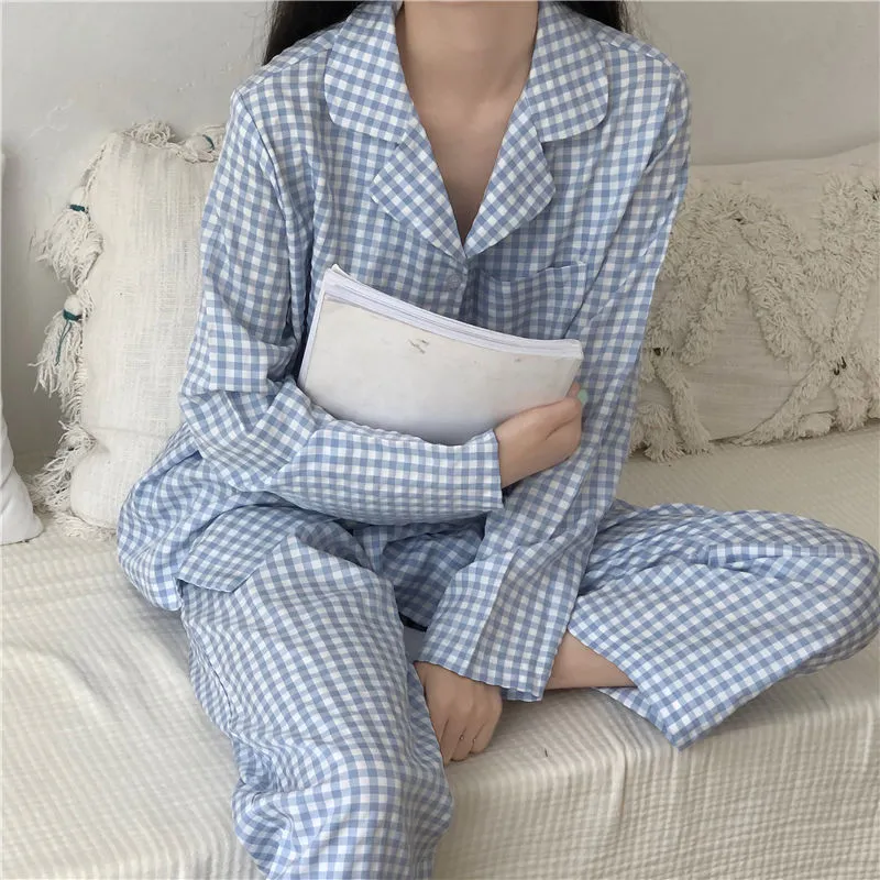 Kvinnors sömnkläder Plaid Pyjamas Set Casual Loose Full Sleeve Topslong Pants 2 Piece Passar Home Clothes Pyjamas Nightwear 220922