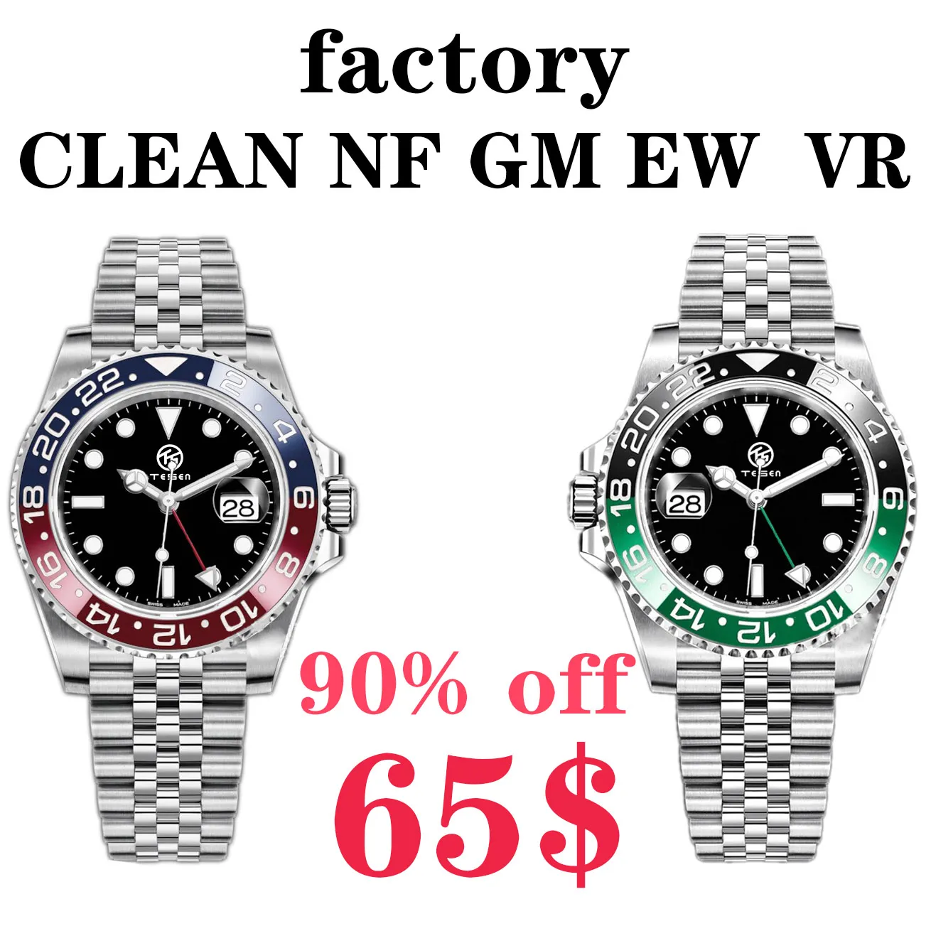 NF Clean VR GM Luxury Mens Watch Dual Time Zone ETA 2836 3186 3285 Automatisk mekanisk dykning Sport Lefty Green Fashion Men GMT Watch Ceramic Luminous Waterproof