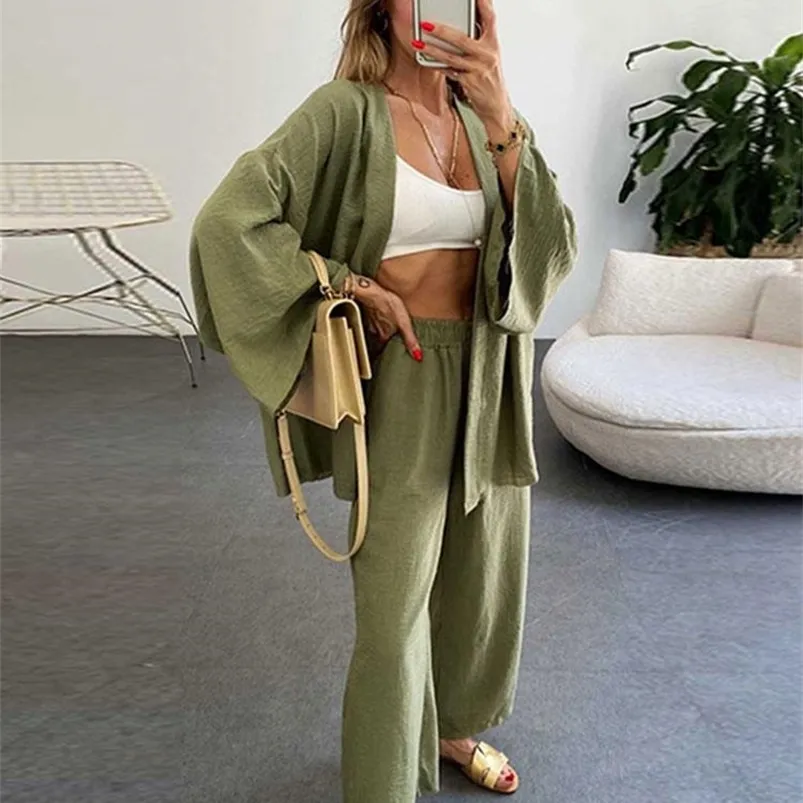 Women's Two Piece Pants Women Cotton Linen 2 Pieces Sets Long Sleeve Cardigan Tops And Elastic Wide Leg Pants Suits Autumn Loose Ladies Outfits 220922