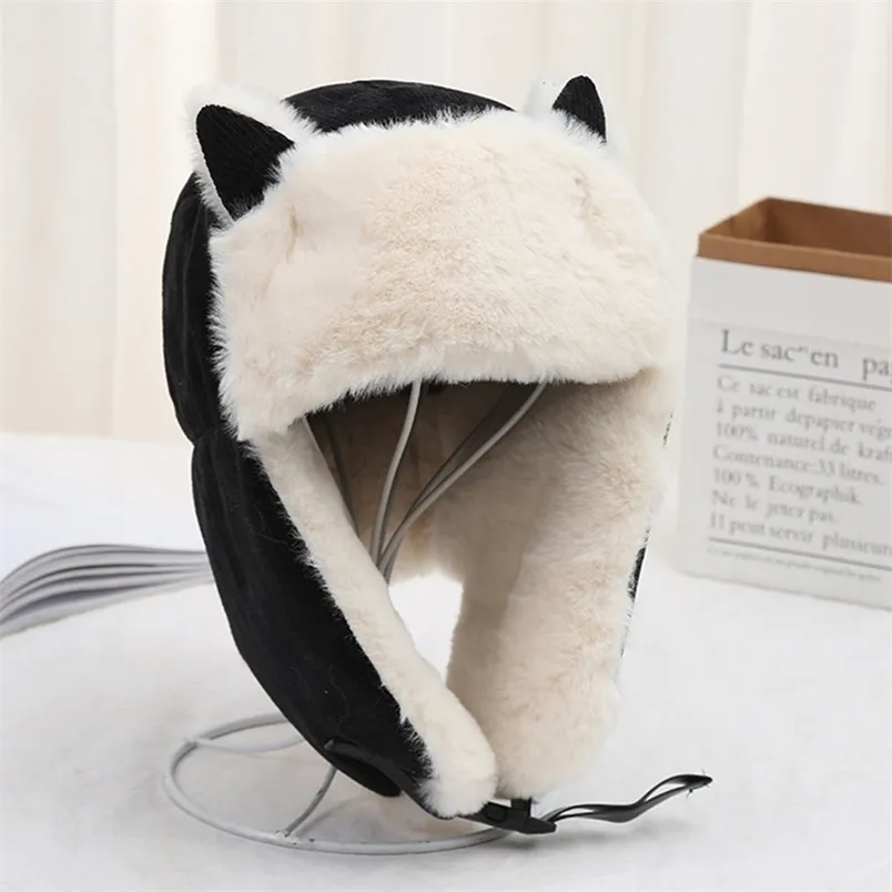 BeanieSkull Caps Women Warm Earmuffs Thicken Ear-flapped Hat Winter Cold-proof Cotton Cat Ears Cap Russian 220922