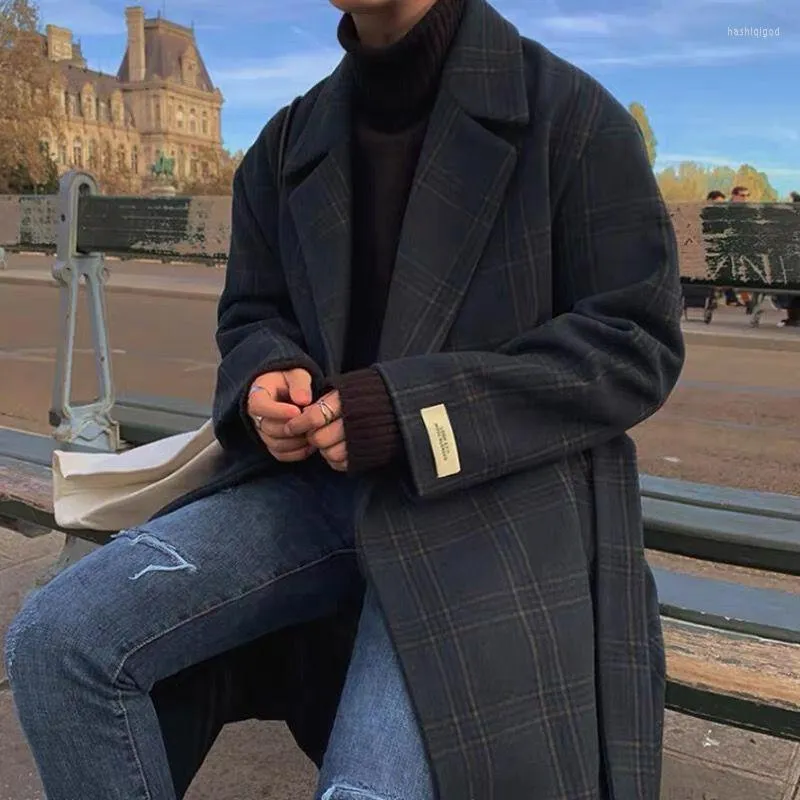 Herr ull mäns blandningar yasuguoji män mode pläd ull vinterjacka rockar 2022 manlig streetwear lång kappa med bältesmän