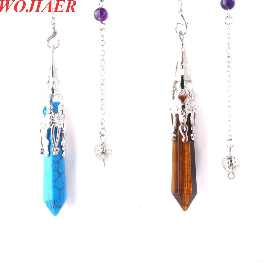 Natural Stones Pendulum Pendant for Dowsing Divination 7 Chakra Chain Hexagonal Point Silver-color Prism Reiki Pendule BO941