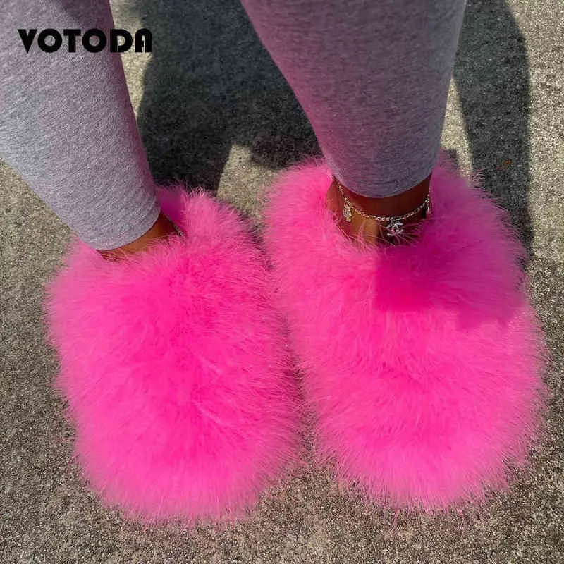 Slippers Nieuwe Faux Vossenbont Slippers Dames Harige Warme Slippers Volledig Wasbeerbont Slippers Platte Comfortabele Huisschoenen Plus Size Paar T220922