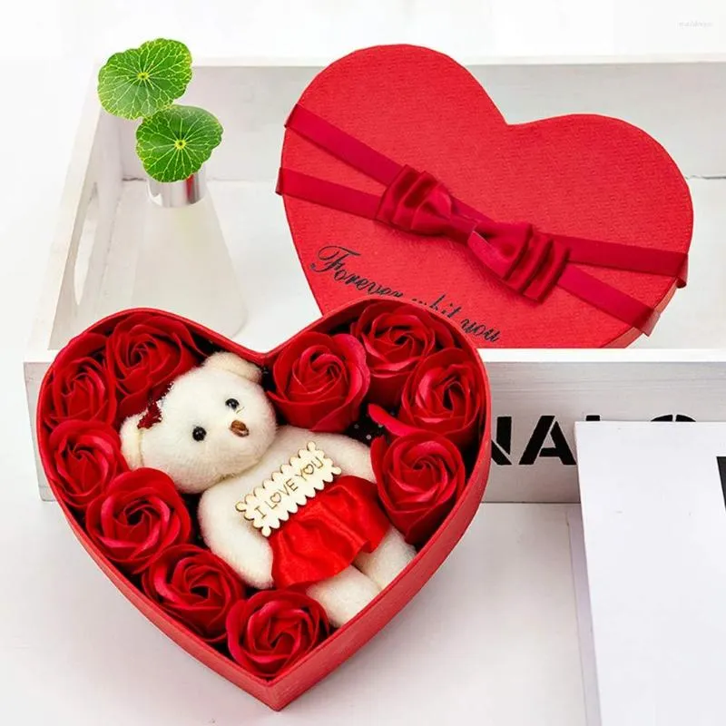 Decorative Flowers 10pcs Soap Rose Heart-Shaped Bear Gift Box Valentine Romantic Wedding Party Flower For Girlfriend Wife