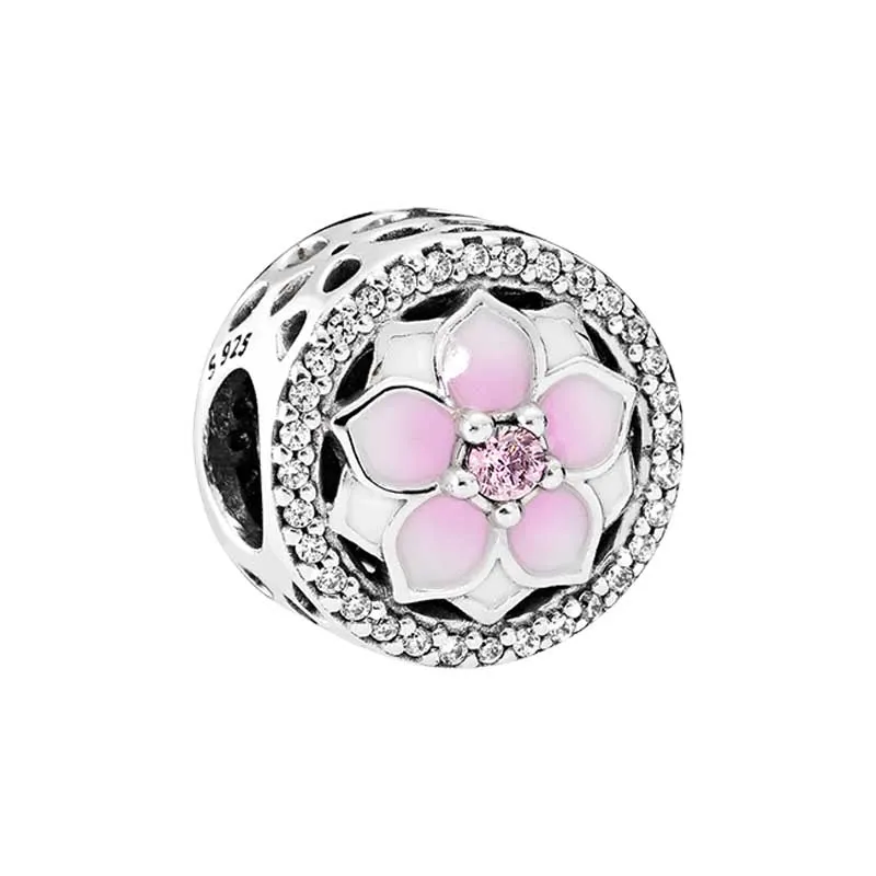 925 Sterling Silver Pink Magnolia Flower Charm Beads European Origin