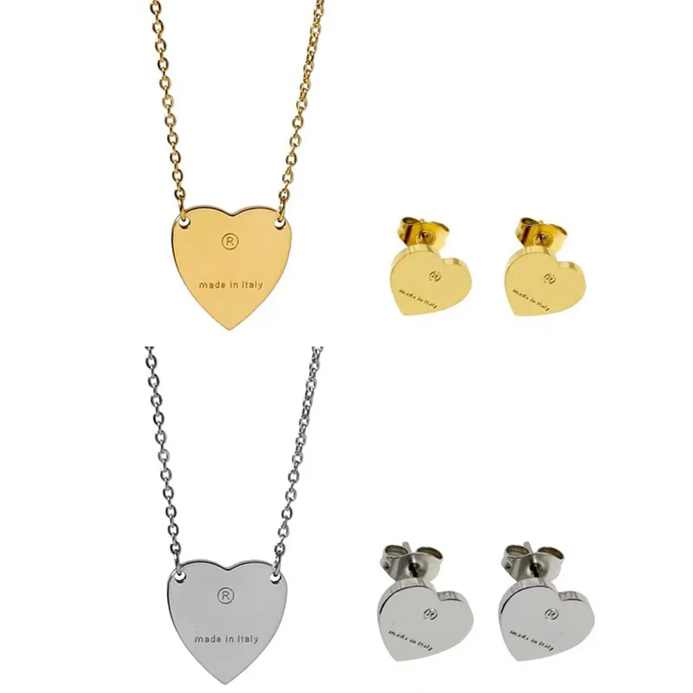 316L Titanium steel Heart Pendant Engraved Letter 18K Plated Gold Necklaces With Single 3 Color clavicle chain Earring Europe America Fashion Style Lady