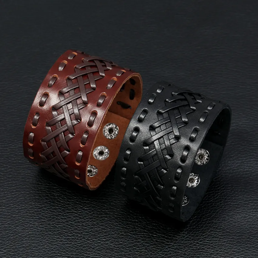 Hollow Wide Lace Bandage Leather Bangle Cuff Button Adjustable Bracelet Wristand for Men Women Fashion Jewelry Black