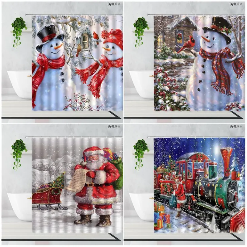 Duschvorhänge Niedliche Weihnachten Schneemann Santa Vintage Zug Winter Wald Landschaft Polyester Stoff Dekor Badezimmer Sets 220922