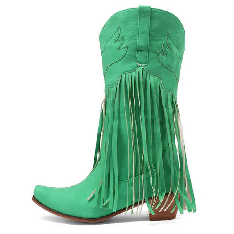부츠 카우걸 카우보이 부츠 여성용 프린지 러브 패턴 Chunky Heels Pointed Toe Western Boots 슬립 온 슈즈 여성 플러스 사이즈 45 T220915