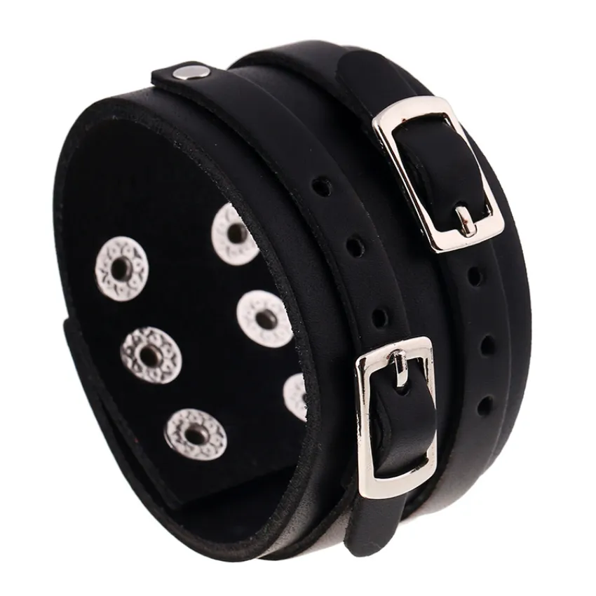 Pin Buckle Charm Leather Bangle Cuff Button Adjustable Bracelet Wristand for Men Women Fashion Jewelry