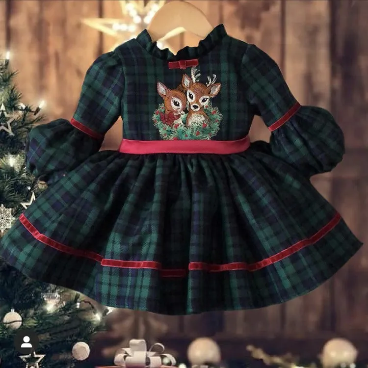 high neck dark green dress Girls Custom Tartan Velvet Dress (2-10) main image 1