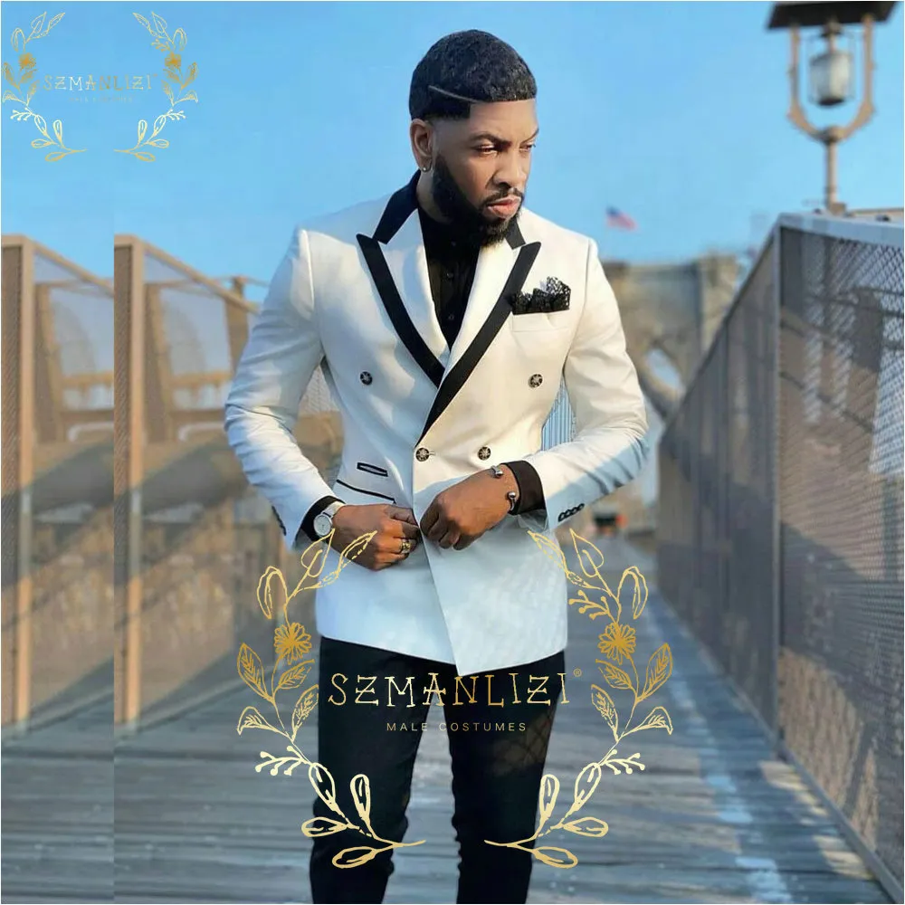 Мода 2 штуки мужские костюмы Slim Fit Business Double Brainted Suits White Groom смокинг для свадебного платья мужского по-вечеринки пиджаки