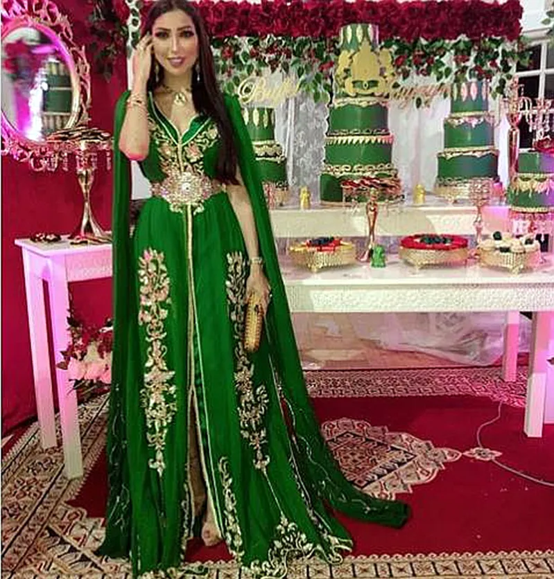 Elegant Green Moroccan Kaftan Evening Dresses Cape Ribbons V-Neck Slit Front A-Line Formal Party Gowns Algeria Arabic Dubai Turkey Caftan Prom Vestidos De Fiesta