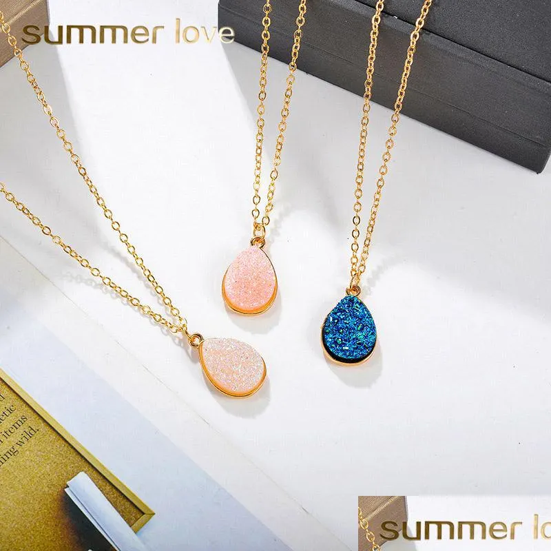 Pendentif Colliers Larme Résine Pierre Cristal Druzy Pendentif Collier Pour Femmes Plaqué Or Blanc Rose Bleu Mode Bijoux Drop Del Dhyae