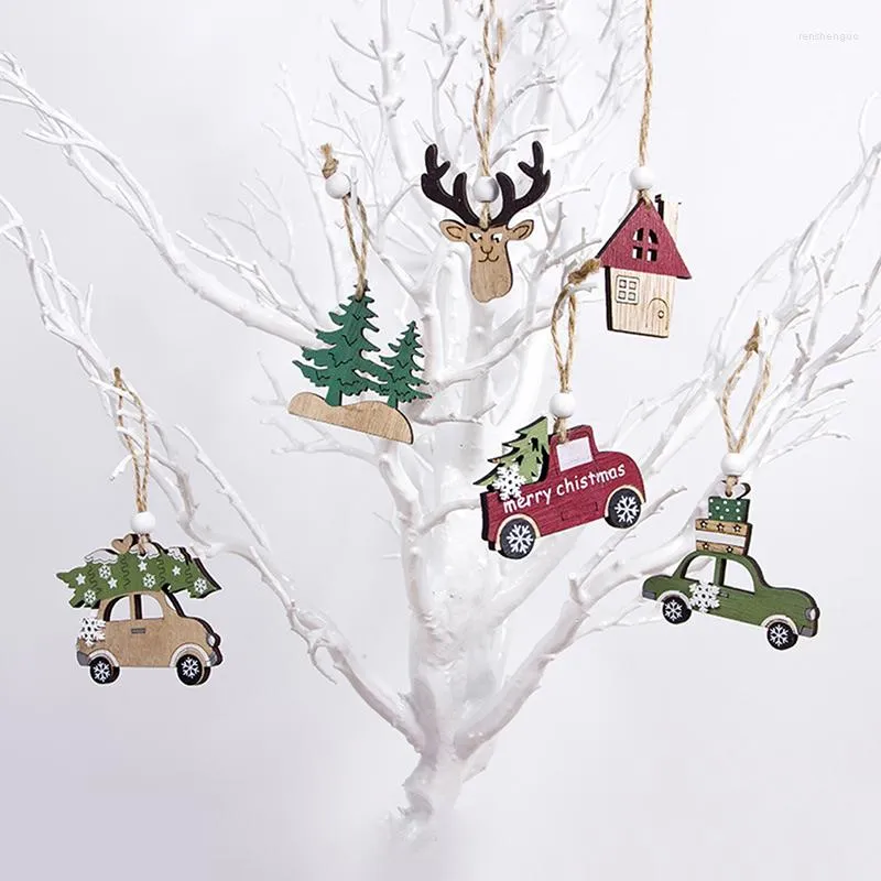 Christmas Decorations 3pcs/pack Tree Wood Painted Elk Pendant Year Xmas Deer Pendants Merry For Home
