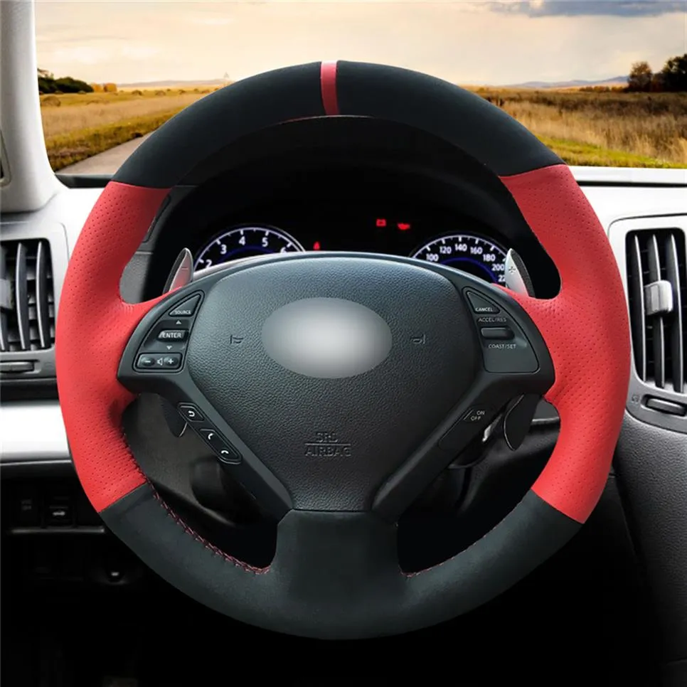 Coperchio ruota del volante per auto a cucitura in pelle scamosciata nera in pelle rossa per Infiniti G25 G35 G37 QX50 EX25 EX35 EX37 2008-2013250V