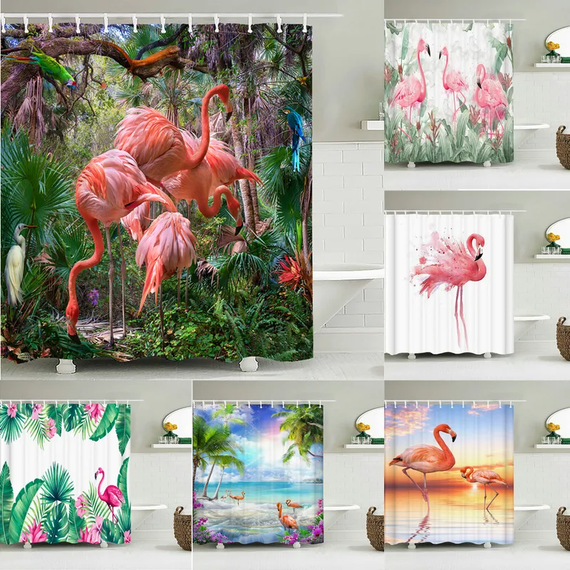 Duschgardiner flamingo grönt blad badrum vattentät polyester tyg tryck gardin dekoration badskärm l220922