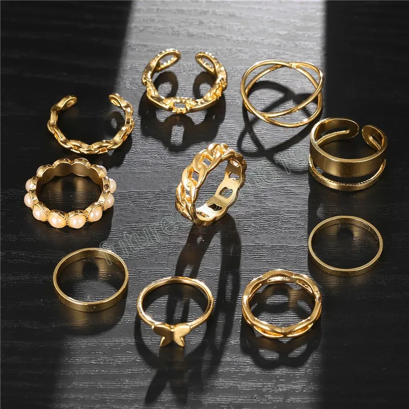 10 pièces/ensemble bohème géométrique métal anneau ensemble femmes Vintage couleur or perle papillon doigt jointure anneau bijoux cadeau