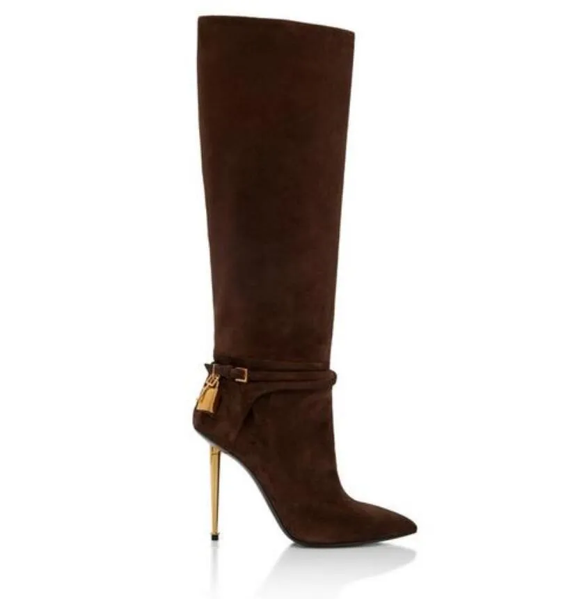 Tom-ford-shoes Donna Stivaletti marchi di lusso firmati Scarpe invernali Pelle di coccodrillo stampata lucida lucchetto stivaletto punta a punta sexy box donna 35-43