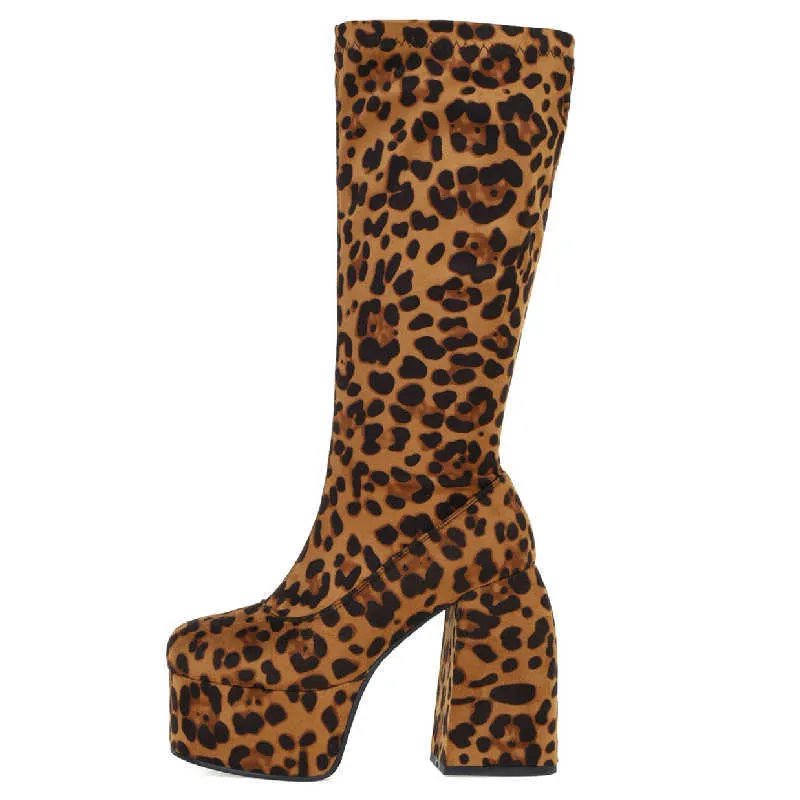 Botas Sexy Leopard Women Boots Saltos altos Plataforma Chunky Tamanho Big Size preto Autumn Winter Knee High Boot Fetish Shoes Fetish Shoes Marca J220923