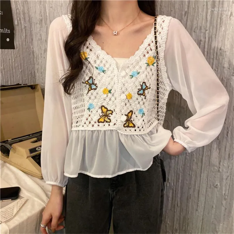 Blouses pour femmes chemises pour femmes Style coréen Sexy évider dentelle Blouse 2022 printemps Boho vêtements Crochet tricoté hauts femmes rétro