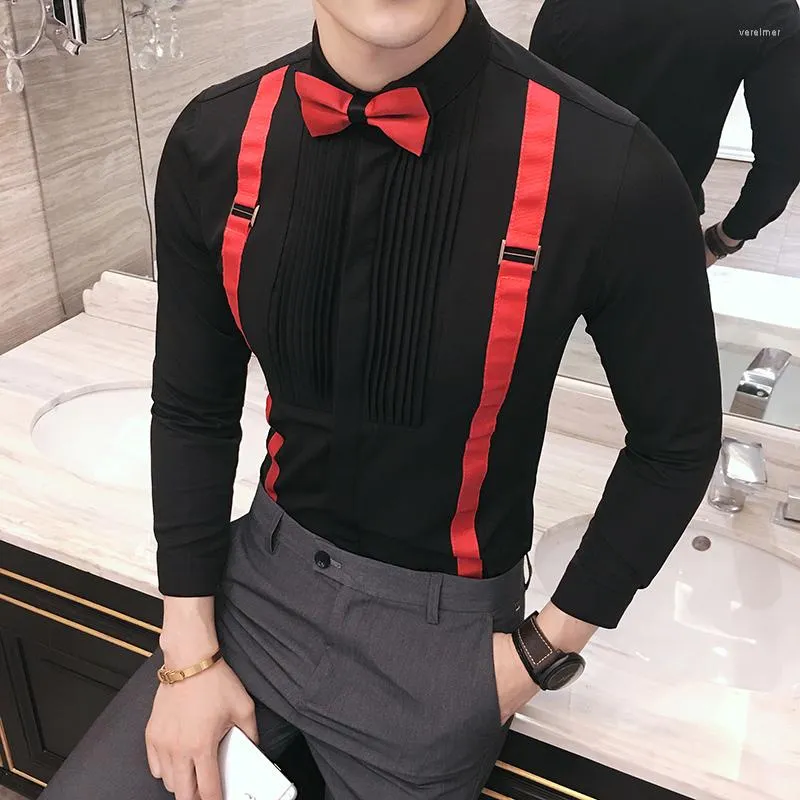 Men's Casual Shirts Men's Pleated Shirt Long Sleeve 2022 Bow Tie Tuxedo Fashion Stripe Slim Wedding Party Prom Men 5XL