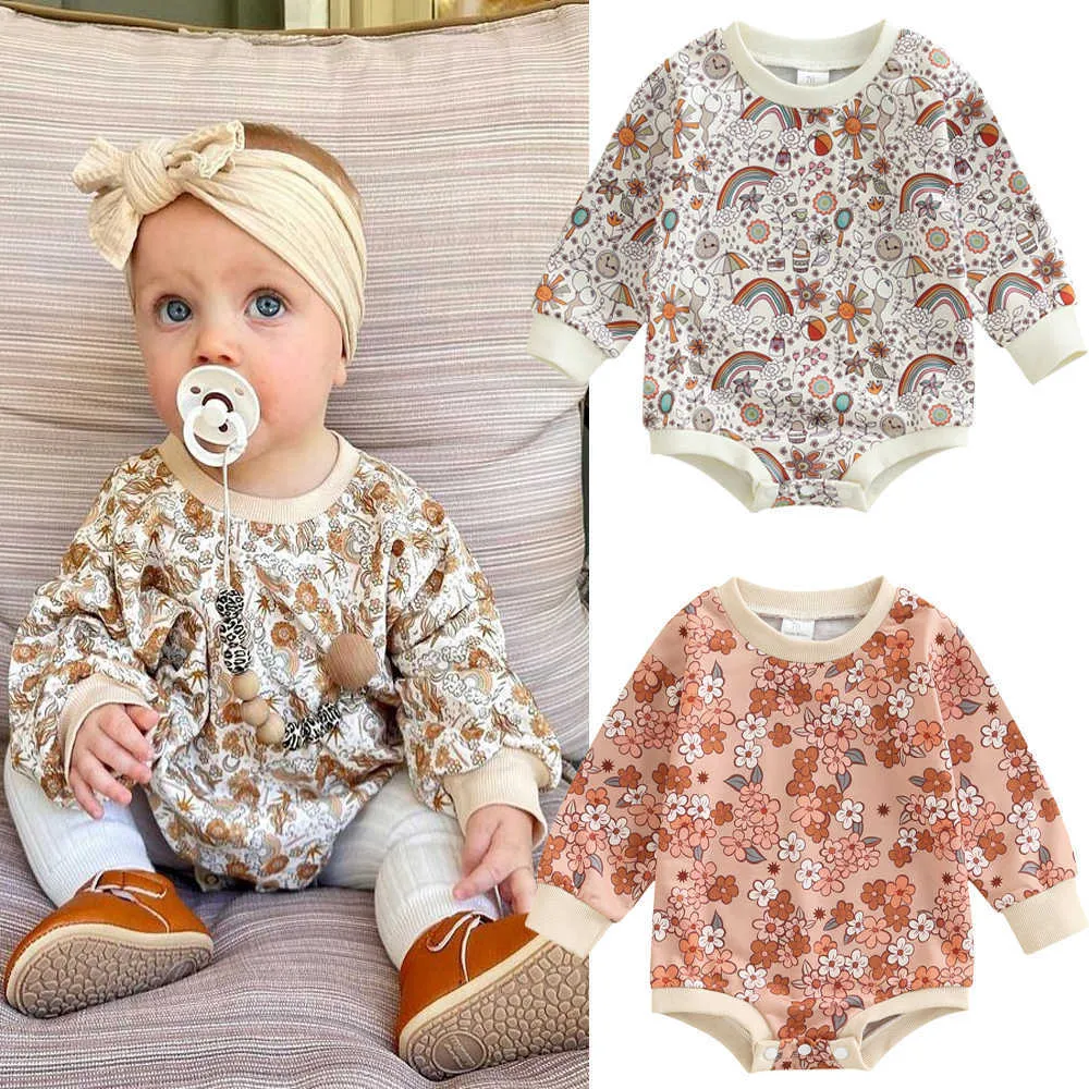 Rompers Baby Girl Long Sleeves Jumpsuit Baby Romper And Autumn Baby Girls Newborn Clothes Flower Print Sweatshirt Romper J220922