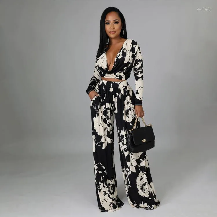 Women's Two Piece Pants Women's Aniow Black And White Flower Print Pleated Scarf Collar Long Sleeve Crop Top Wide Leg With Pocket Set