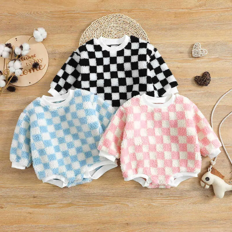 rompers 024m baby fleece plaid Romper Winter Autumn Toddler Cute Long Sleeves Triangle Romper Kids Baby Girls Boys Belesuits J220922