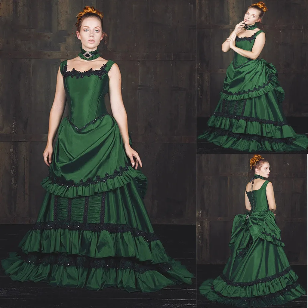 Vampire Cosplay Costume Gothic Prom Dress Madeline Emerald Hunter Green Puffy Lace-up Corset Square Renaissance Evening Dress