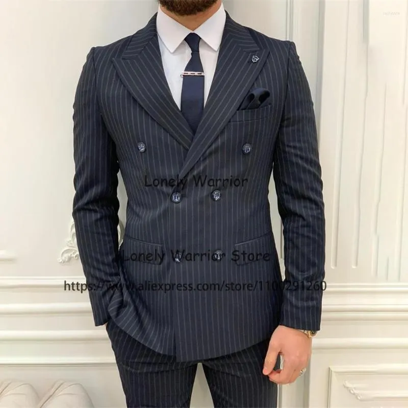 Costumes pour hommes Mode Noir Rayé Hommes Slim Double Boutonnage Business Blazer Mariage Marié Tuxedo Banquet 2 Pièces Ensemble Terno Masculino