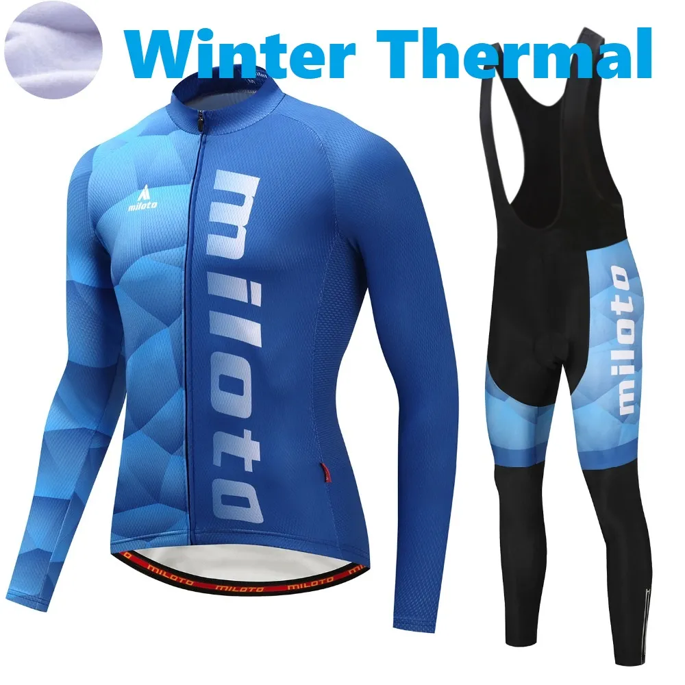 2023 Pro Mens Sea Blue Winter Cycling Jersey Set Long Sleeve Mountain