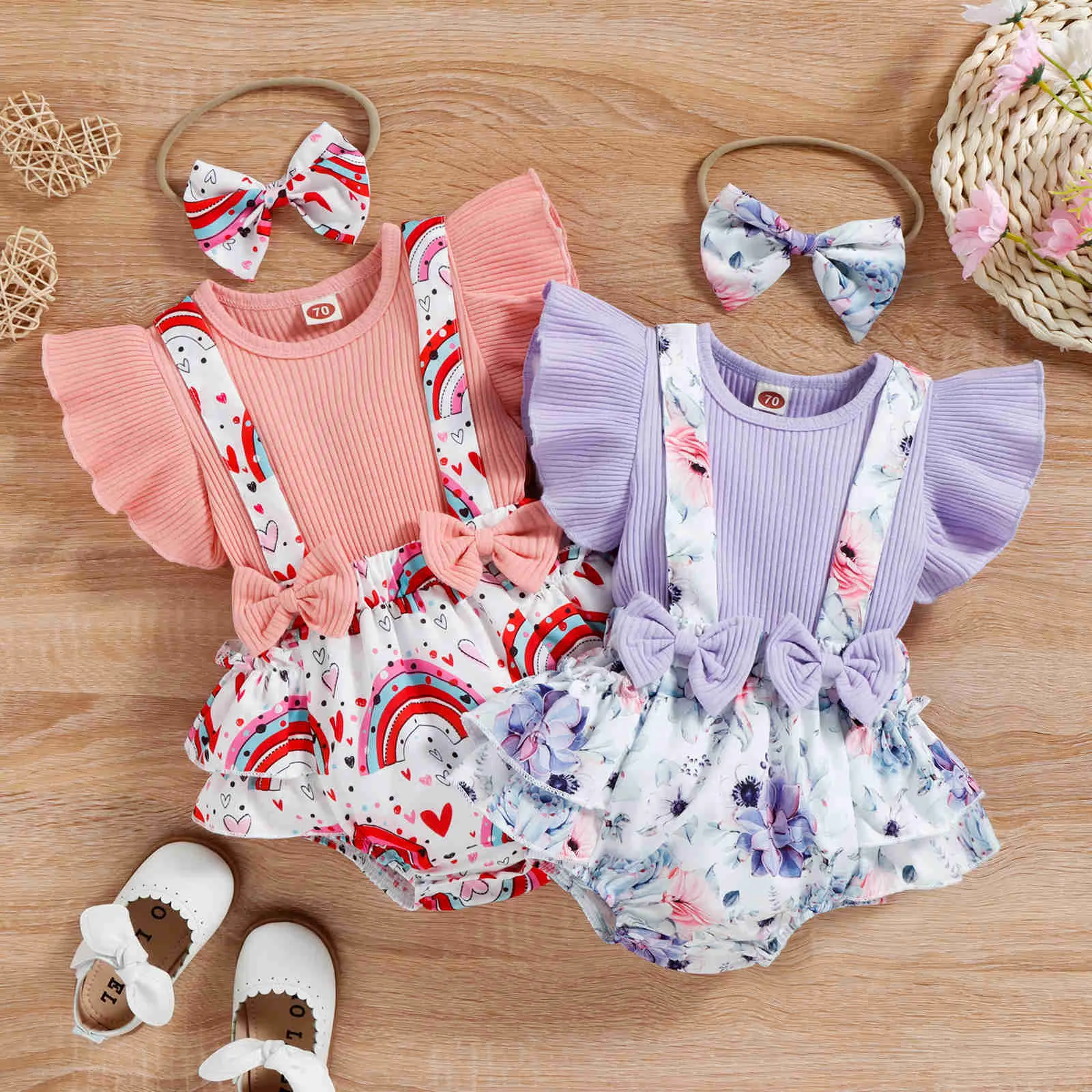 Rompers babymeisjes zomerkleding cartoon bloemenrainbow geprinte vlieg mouw patchwork romper jumpsuit hoofdband outfits j220922